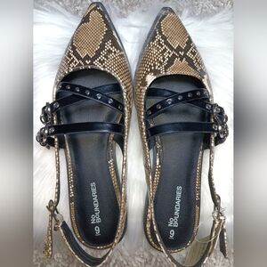 No Boundaries Snakeskin Flats With Black Straps